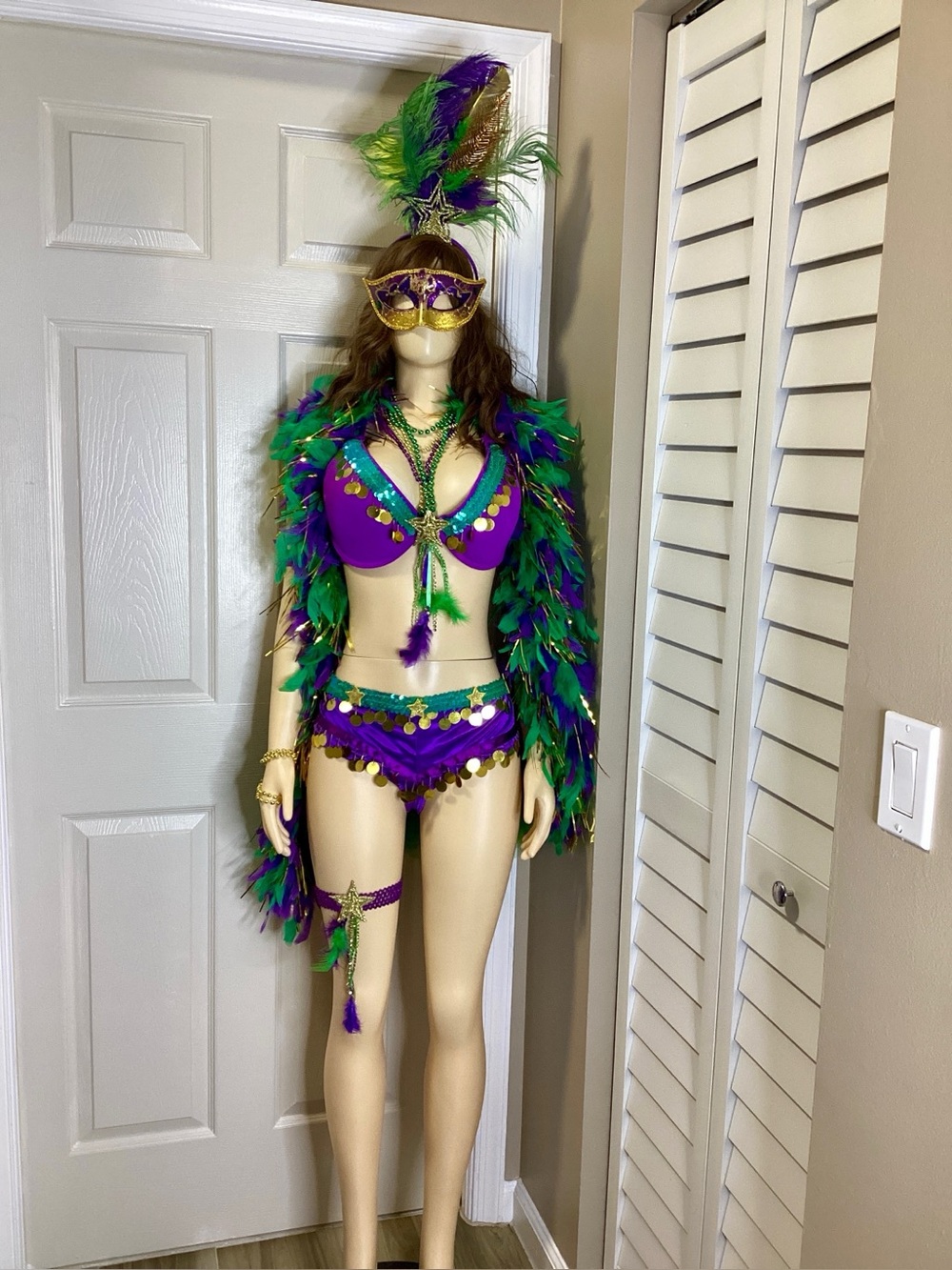 Mardi Gras Queen Feathered Carnival Halloween Costume Purple & Green